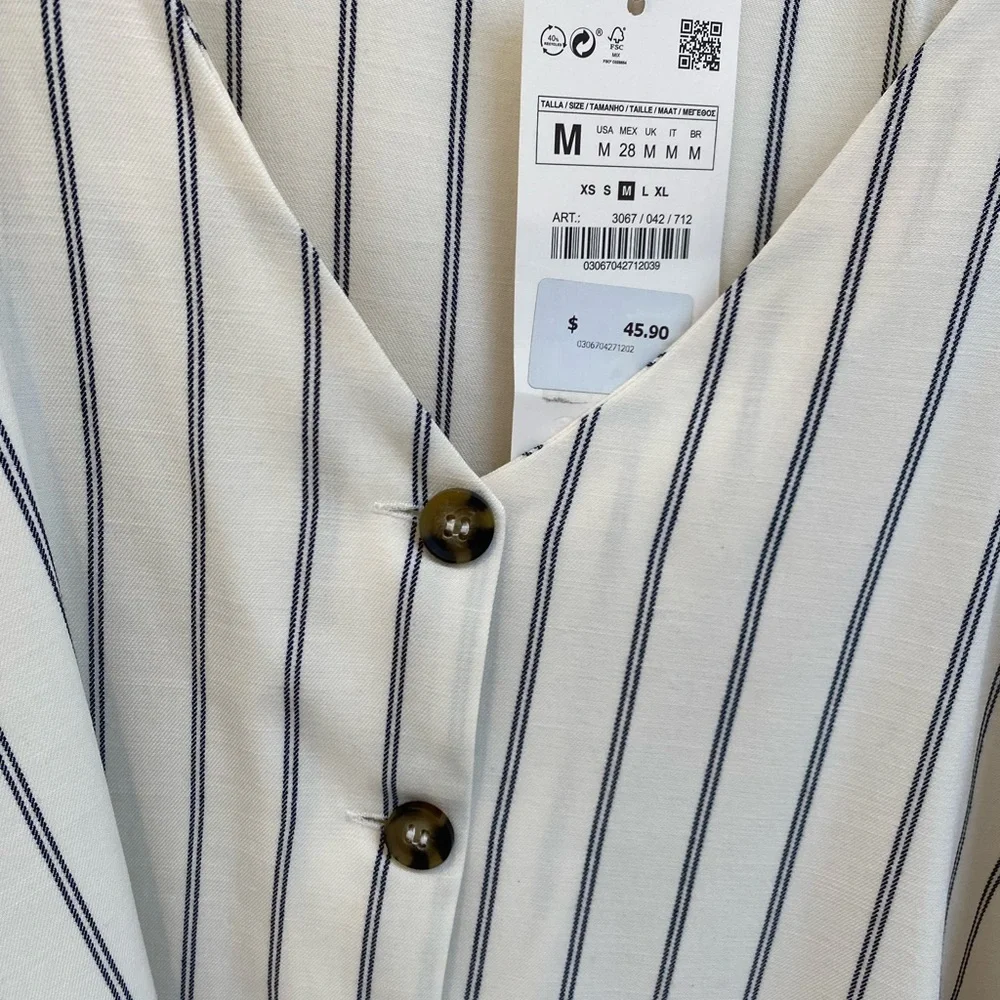 Zara Cream Striped Button-Front Puff Sleeve Top